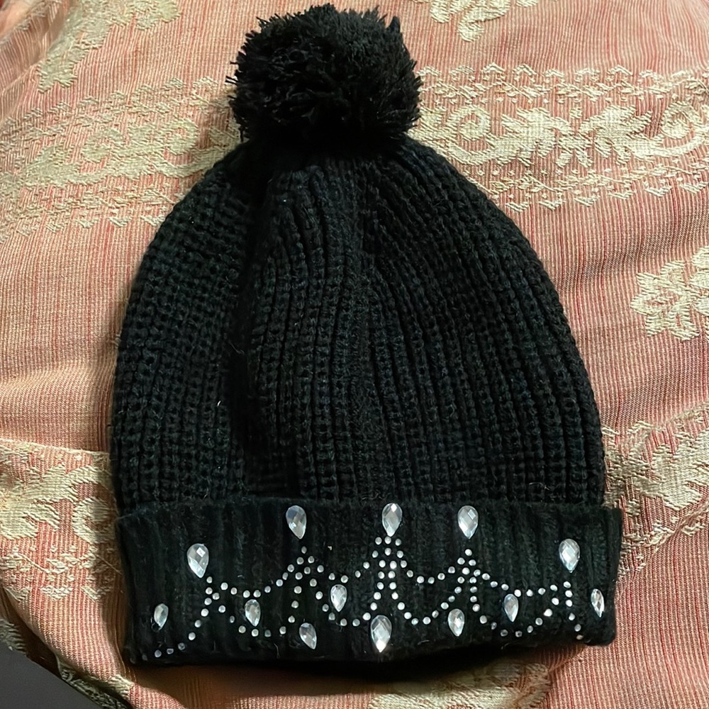 Black pompom beanie with gems/diamonds on front like new